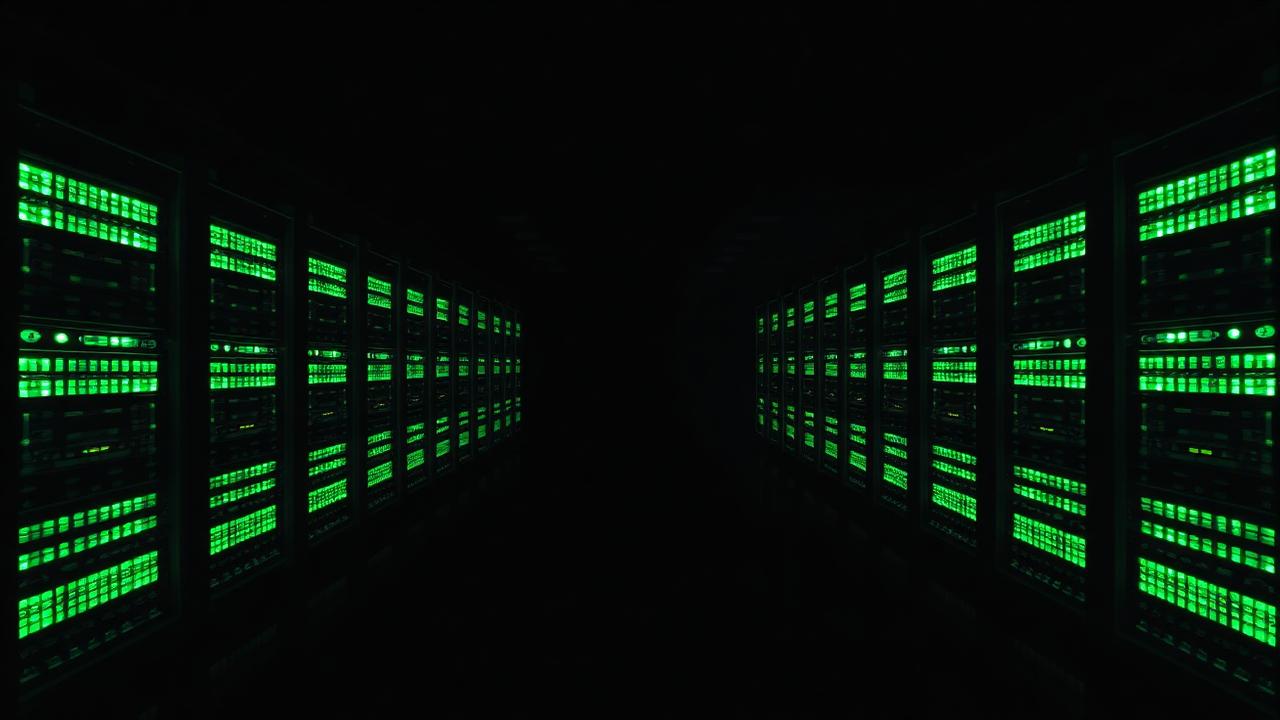 Rows of green-lit GPU server racks receding into darkness