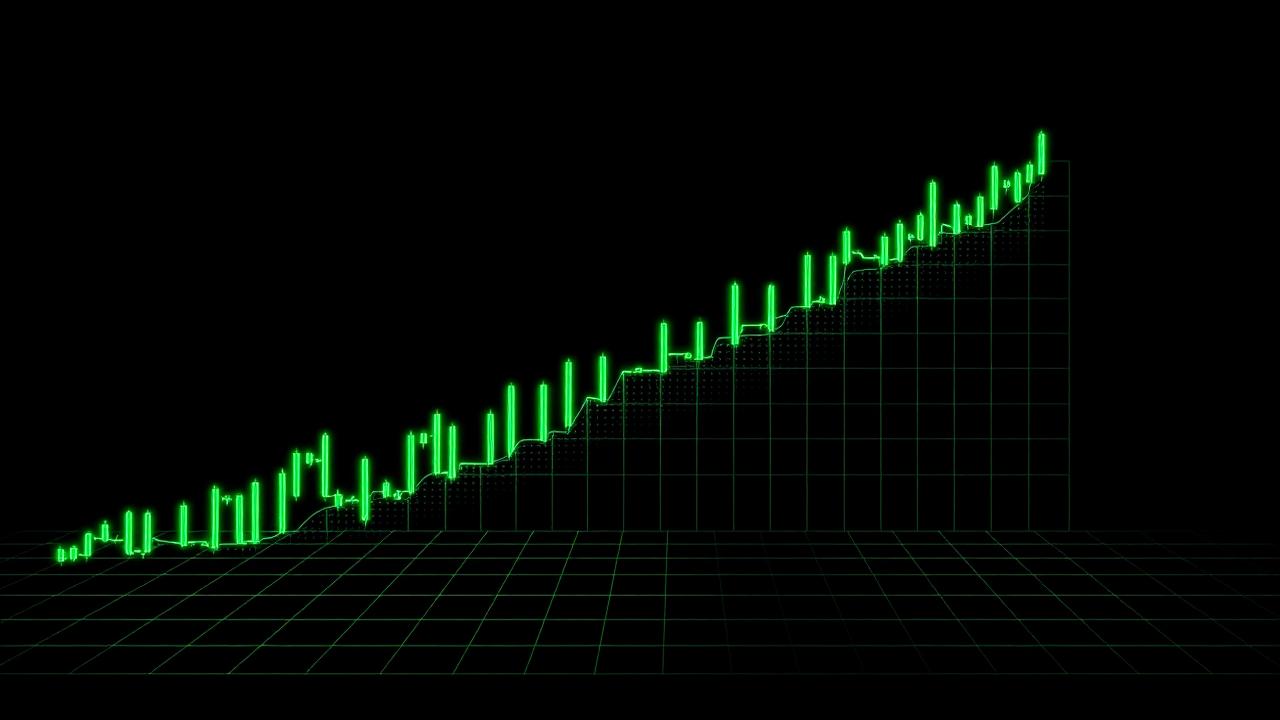 A glowing green bonding curve chart of candlesticks rising over a wireframe grid